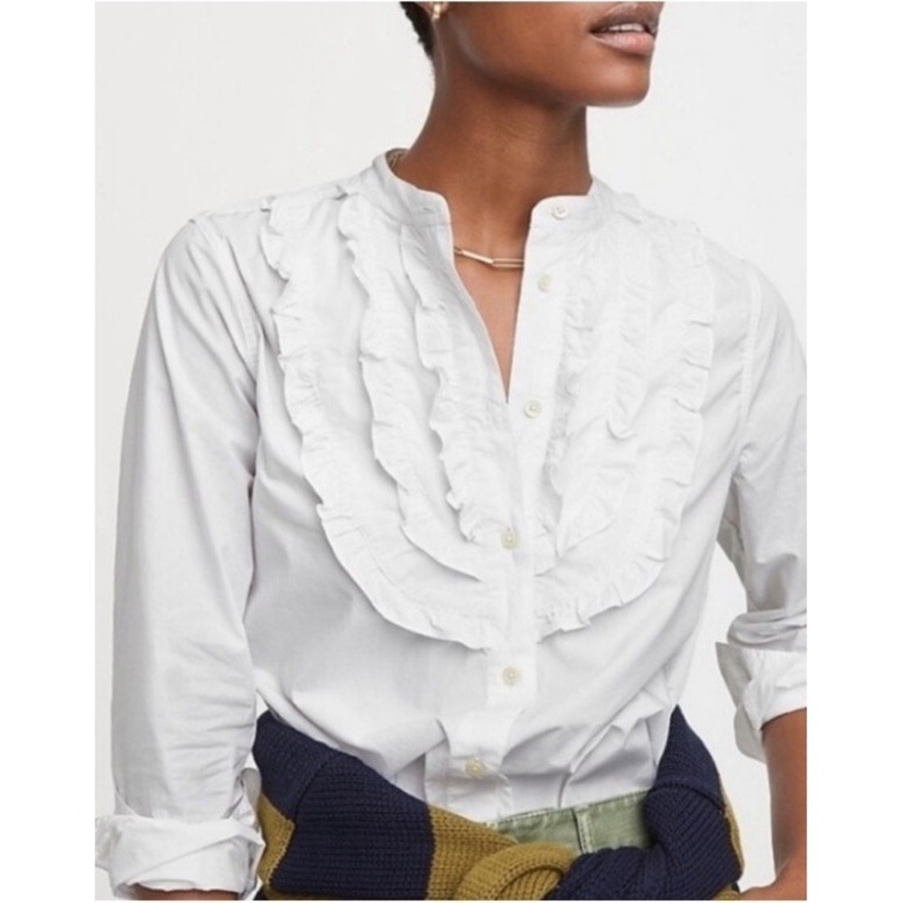 J Crew Band Collar Ruffle Button Up Shirt Size S White Preppy Office Career